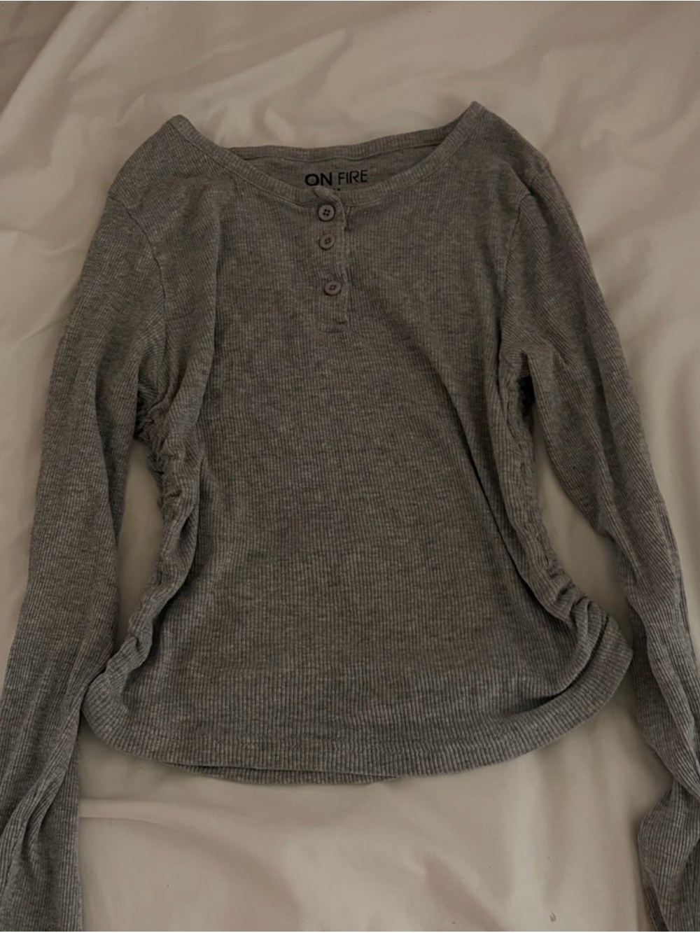 On Fire Ribbed Gray Henley Long Sleeve Top
